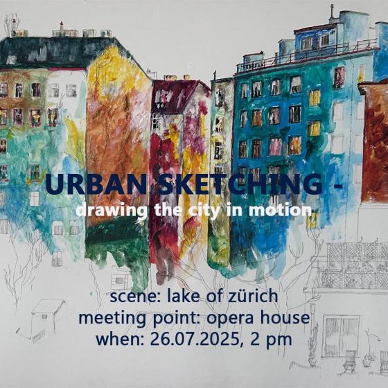 Im Bild sieht man einen Flyer für den Event, der ein Gemälde von bunten Fassaden zeigt. 